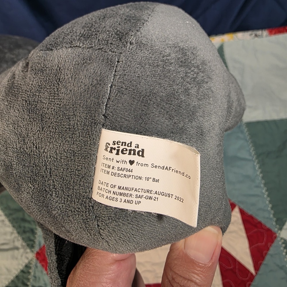 Send A Friend 12" Plush Binks Bat Black Gray Black Stuffed Animal Toy - Picture 6 of 8